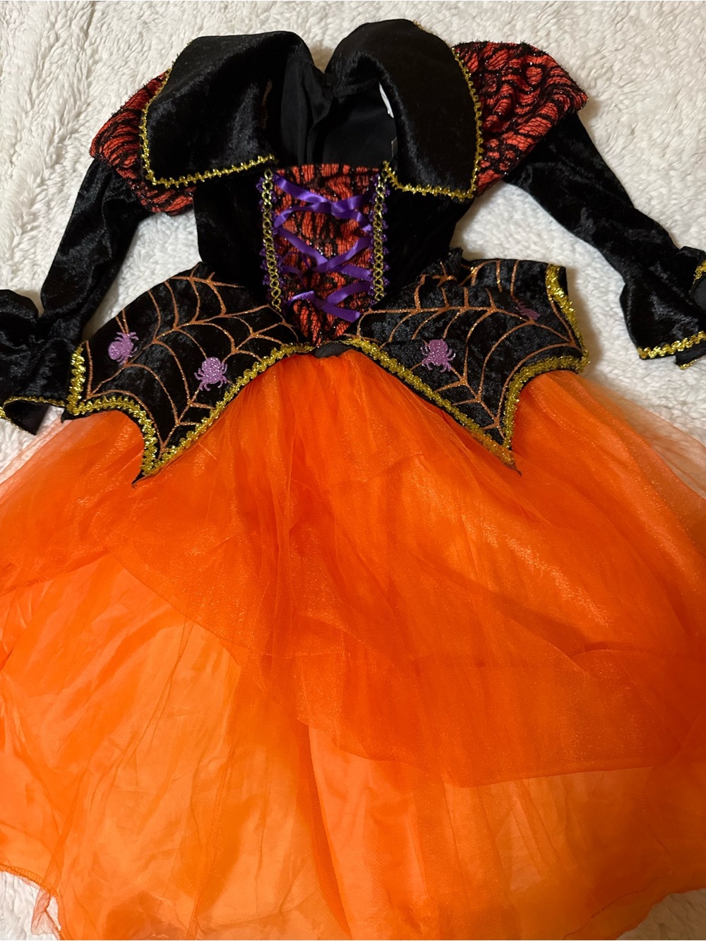 Girls Halloween Spiderweb Witch Costume Dress - Black & Orange with hat.